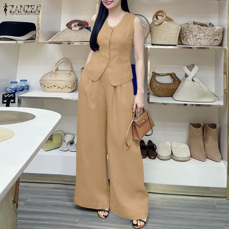 Summer Women's Vintage Old Money Pant Suits Wide-Leg Pants & U-Neck Vest Tops 2 Pieces Sets ZANZEA Office Commute 2pcs Outfits