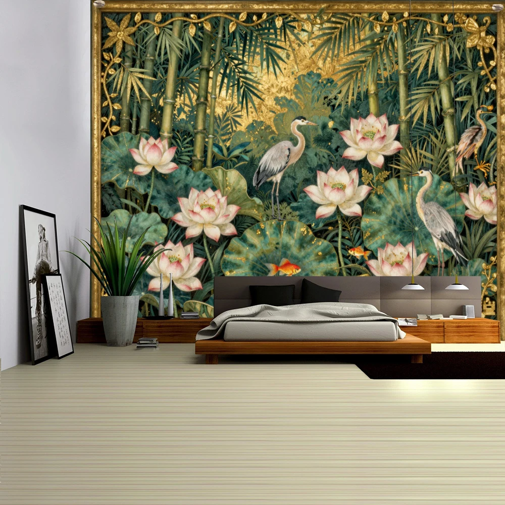 Chinese Lotus Bamboo Grove Egret Pattern Tapestry Wall Hanging Bohemian Style Living Room Bedroom Home Decor