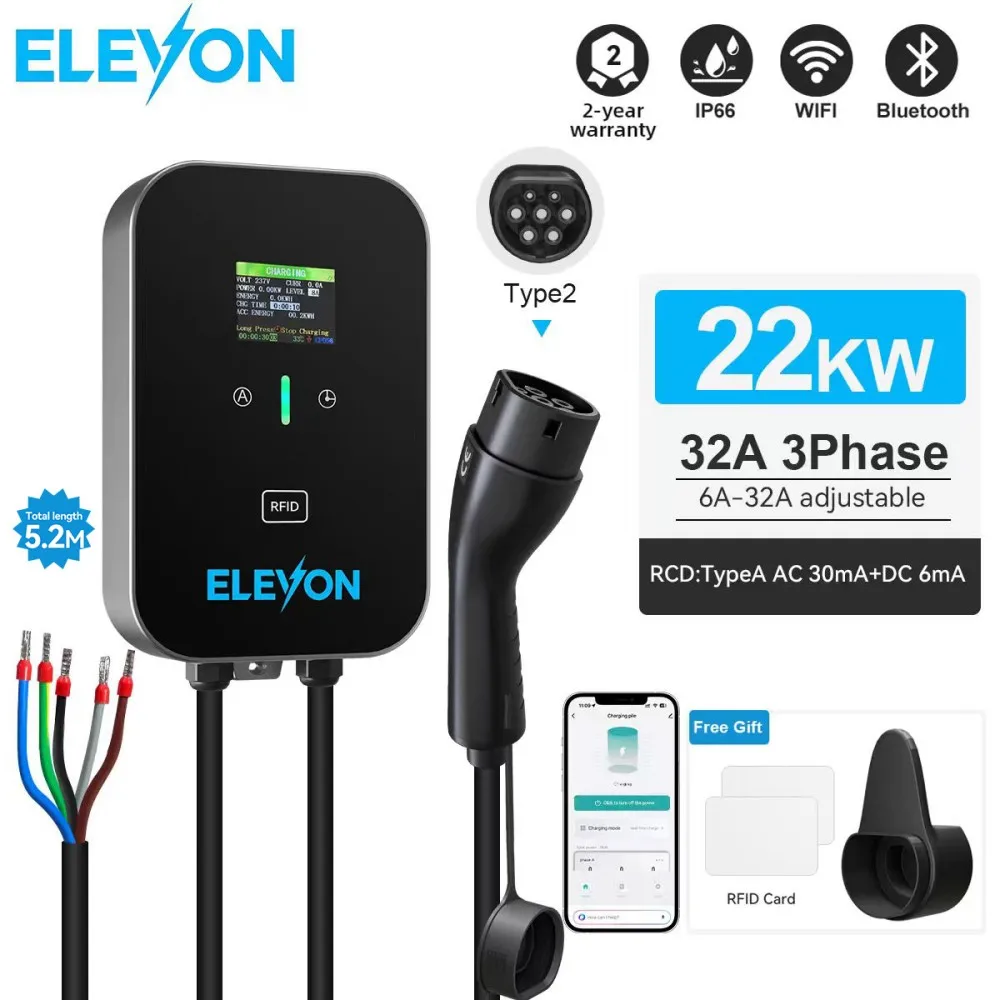 ELEVON EV Charging Station 22KW Type2 Electric Vehicle Car Charger Wallbox Wallmount 32A 3-Phase APP Control