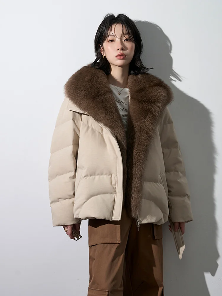 Parka à col en fourrure de renard naturelle pour femme, veste bouffante de luxe avec ceinture, doudoune d'hiver en duvet d'oie, vêtements décontractés, nouvelle mode