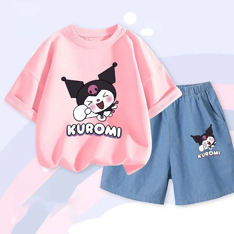 Conjunto Kawaii Sportswear infantil, roupa de menina, Kawaii Hellokittys infantil, Kuromi, Tencel, Comfort Boys Loungewear, verão