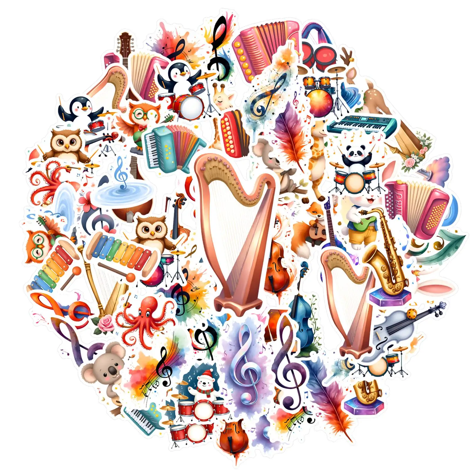 35pcs-50pcs Cute Cute Animals Stickers Whimsical Musical Instruments  Stickers Teacher Reward Stickers For Suitcase Fridge