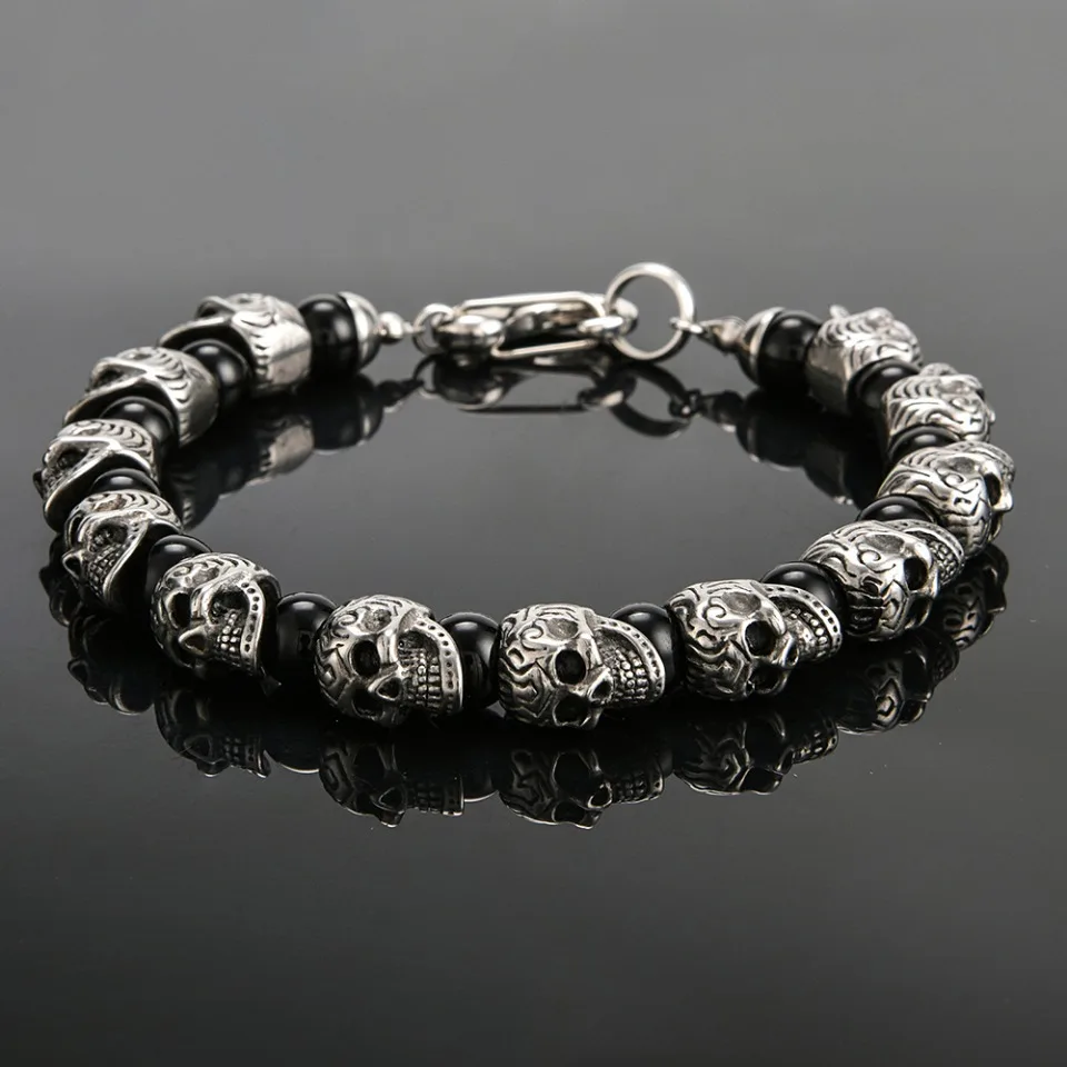 

Punk Hip Hop Stainless Steel Skull Bracelet Biker Vintage Beads Bangles For Men Boys Fashion Creative Jewelry Gifts Dropshipping