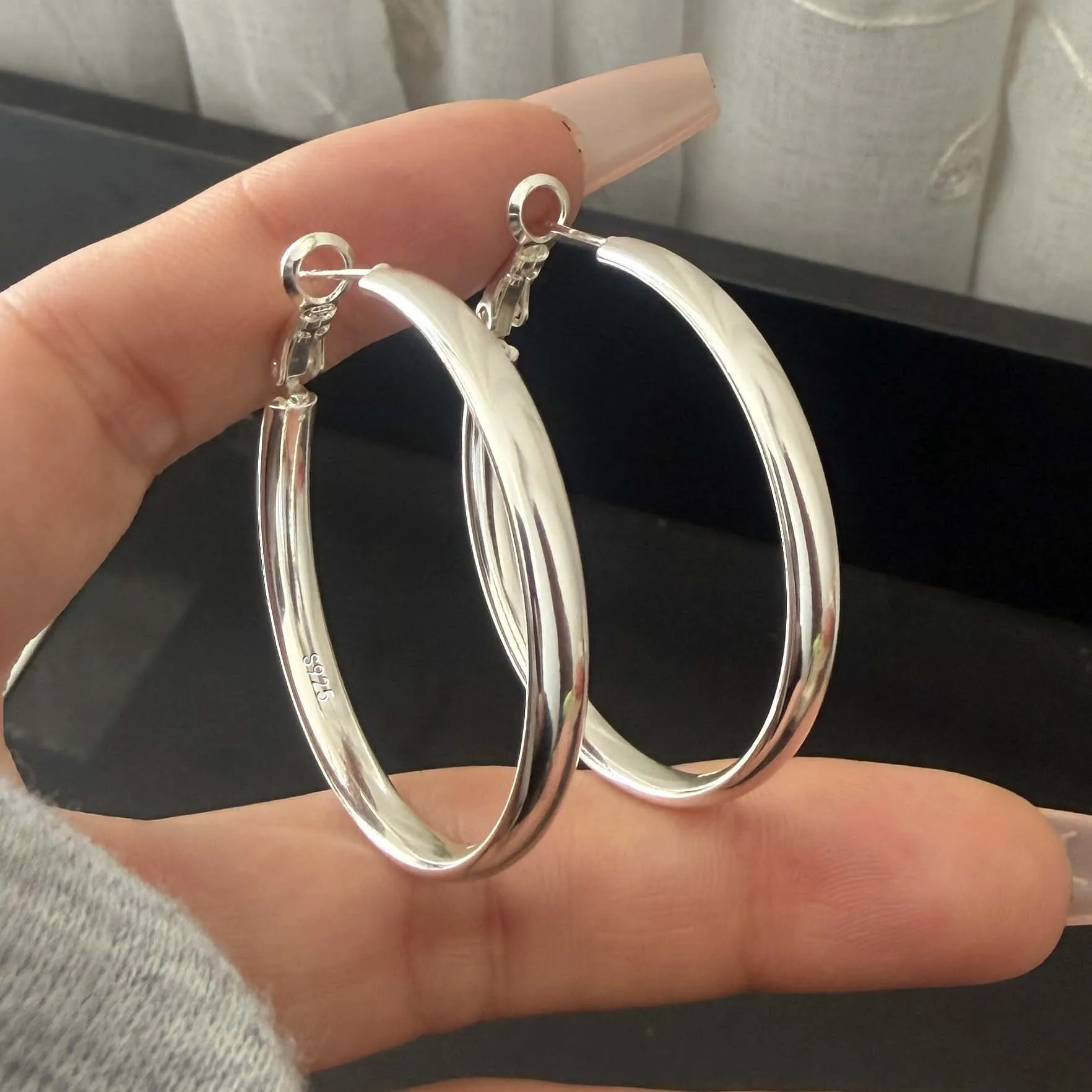 

925 Sterling Silver Earrings For Women Trendy Geometric Big Round Simple Earring Jewelry Prevent Allergy Party Gift Accessories