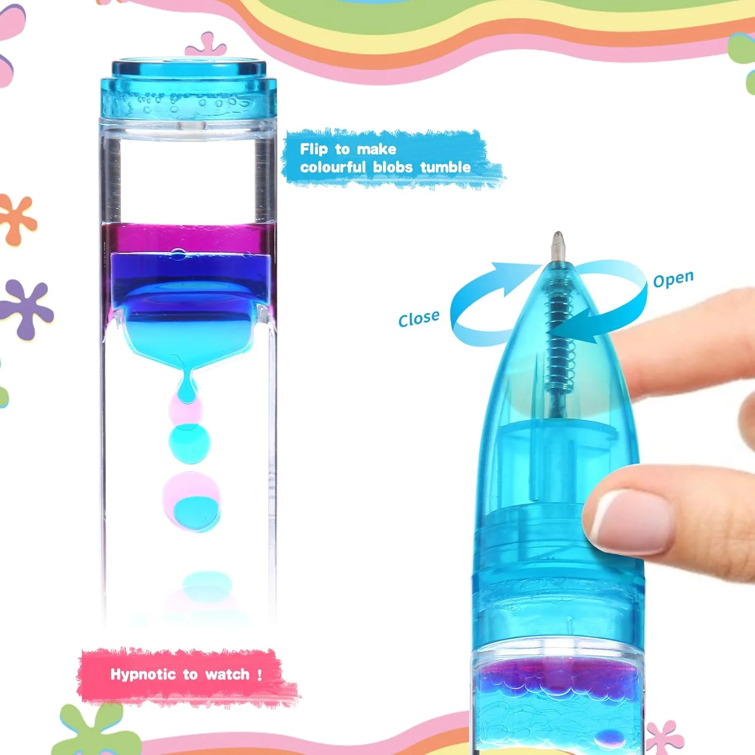 Liquid Timer Pen - Retractable Ballpoint Pen with  Moving Bubbles & Droplets - Relaxing Calming Fidget Sensory Writing Toy for