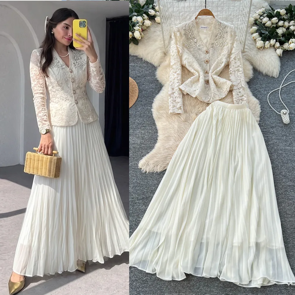 Women Two Piece Sets Skirt Set V Neck Sexy Lace Sleeve Coats Long Skirts A Line High Waist Y2k Streetwear Elegant Work Autumn