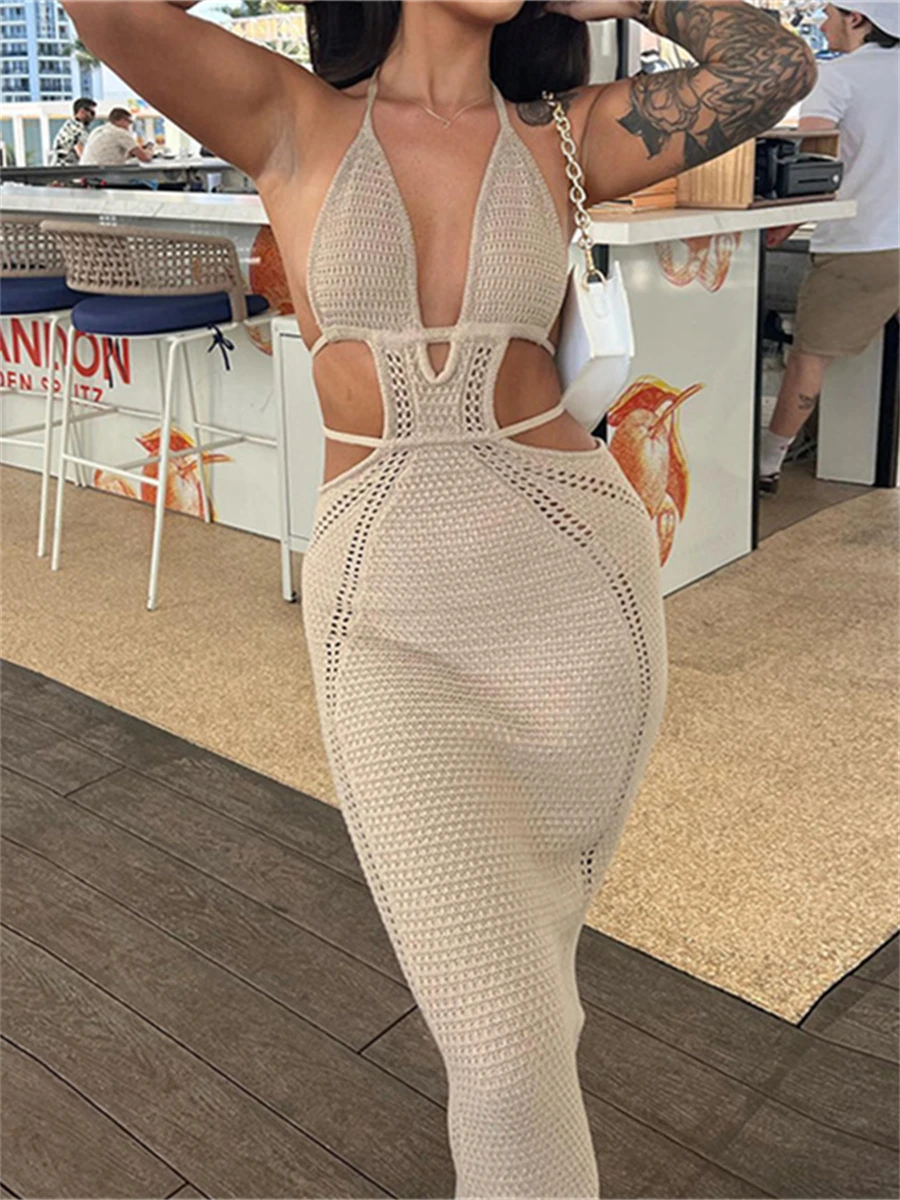 wsevypo Women Halter Tie-up Knit Crochet Beach Dress Sexy Backless Sleeveless Deep V Cutout Waist Wrapped Bodycon Dress Clubwear