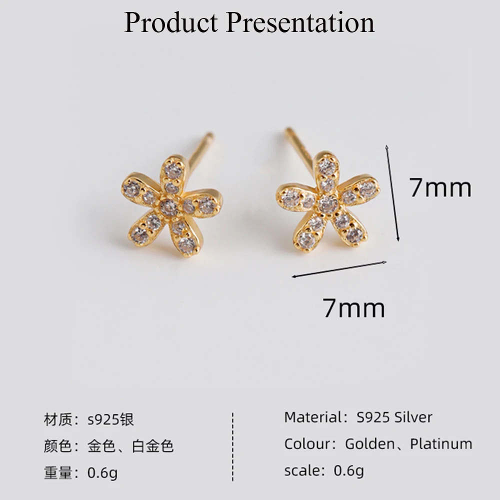 CCFJOYAS Mini Cute Flower 925 Sterling Silver Stud Earrings for Girl Women Simple INS White Zircon Plum Blossom Earrings