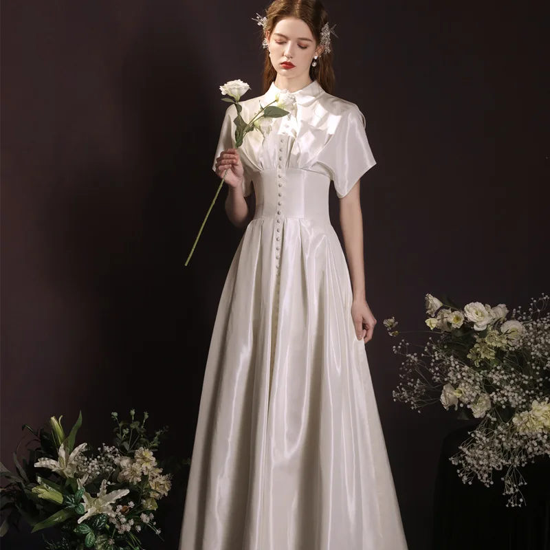 نمط جديد شهادة الزفاف الفن امتحان العشاء السنوي ريترو أنيق فستان أبيض قصير للنساء