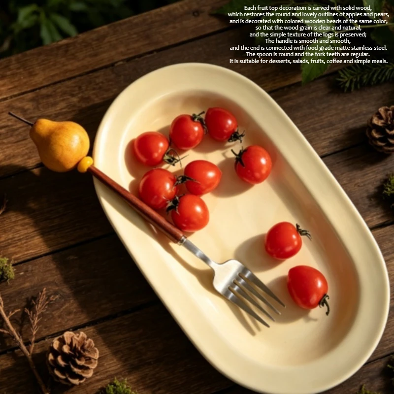 Vintage apple pear fork spoon Cute stainless steel matte senior spoon solid wood handle tableware.