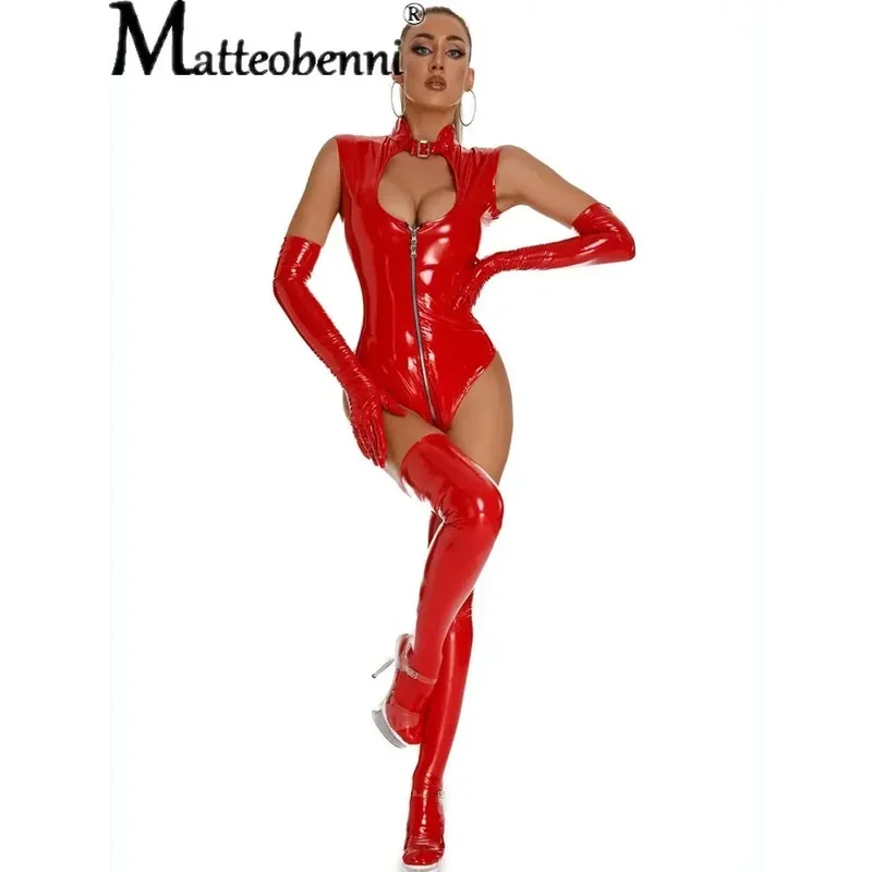 Sexy Collow out women PU Faux Leather Lingerie Budysits Latex PVC Catfollow Fetish Lingerie Ladies Erotic Open Crotch Clubwear image 2