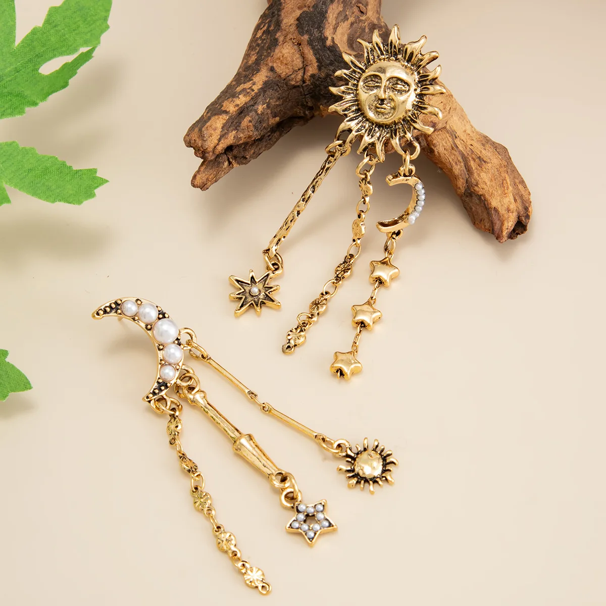 Earrings Ethnic Long Tassel Sun Star Moon Micro Pave Pearl Bohemian for Women Vacation Versatile Durable Alloy Gold