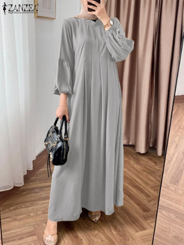 

2025 ZANZEA Muslim Dresses Eid Mubarek Abaya Women Elegant Long Lantern Sleeve Pleated Sundress Maxi Robe Islamic Hijab Vestidos