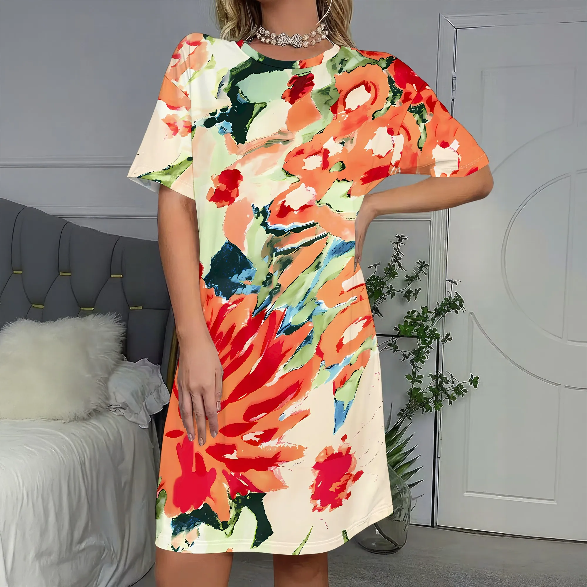 

Vibrant Floral Print Short Sleeve Dress, Artistic Abstract Pattern Women's Casual Tunic, Summer Beach Party Outfit, S-2XL