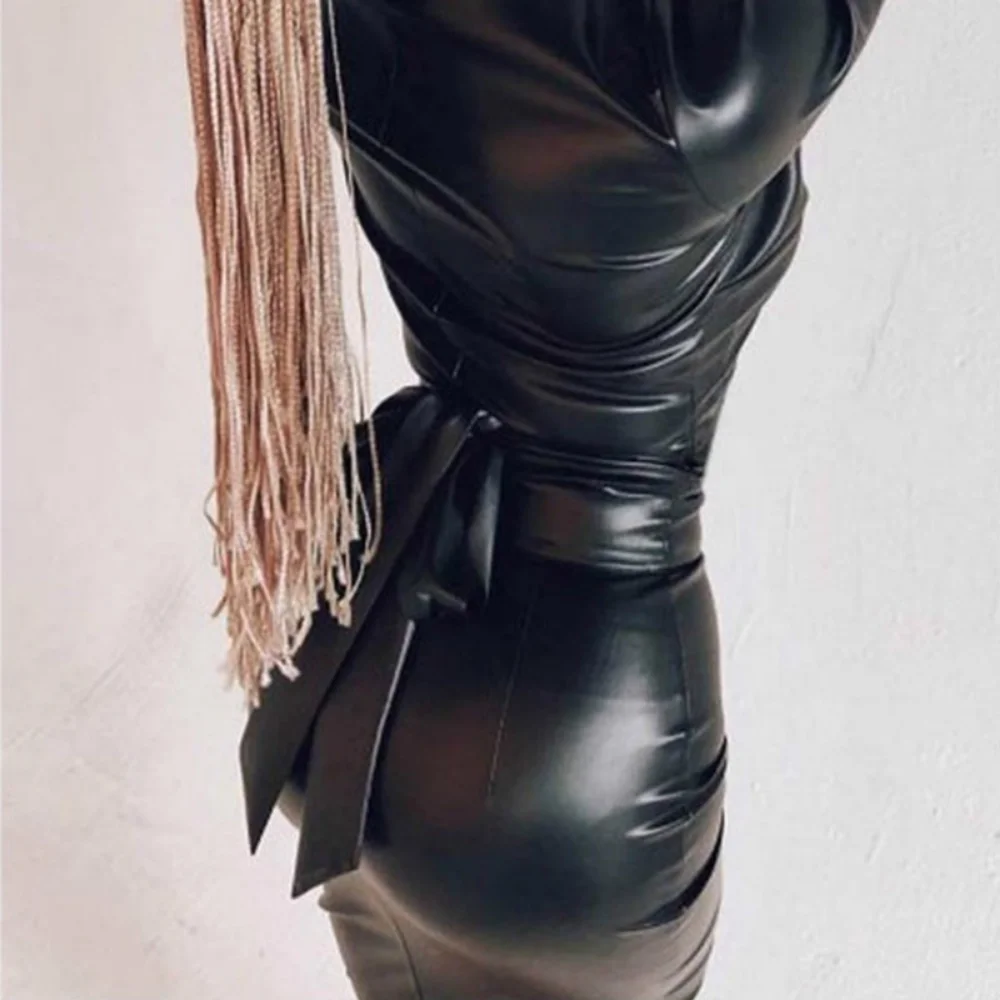 New Women Off Shoulder Long Sleeve PU Leather Casual Black Wet Look Bodycon Bandage Party Belted Pencil Cocktail Club Mini Dress