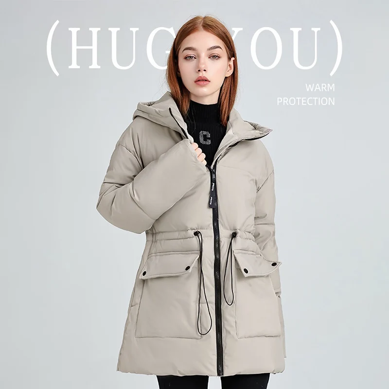 

Зимние женские парки средней длины, пальто, пуховая хлопковая куртка с регулируемой талией и капюшоном, ветрозащитная теплая зимняя одежда, стеганые хлопковые куртки