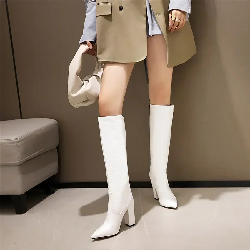 Big Size Women Knee High Boots Yellow Black Crocodile PU Chunky Heel Sexy Party Office Lady Winter Pointed Toe Long Riding Boots