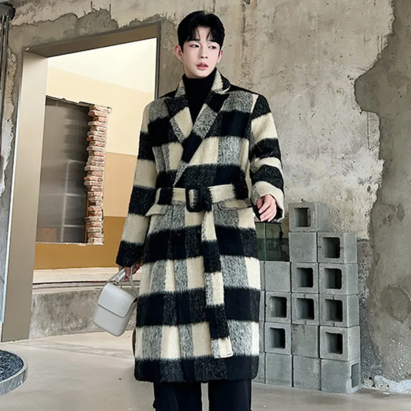 IEFB Thickened Male Woolen Coats Korean Stylish Plaid Contrast Color Turn-down Collar Knee Length Men's Trench Spring New 9C2744