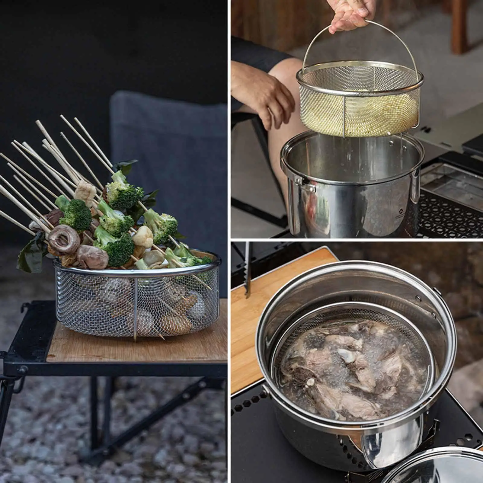 

Корзина-ситечко для еды Корзина для жарки с ручками Кухонные дренажные корзины Сушилка для пеших прогулок Пикник Кулинария Кемпинг на улице