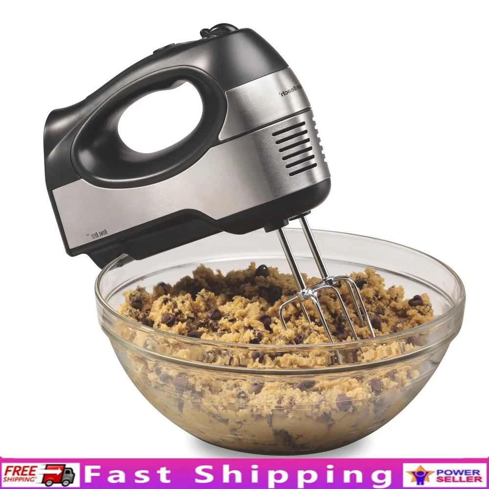 

6 Speed Hand Mixer with QuickBurst Button 5 Attachments Mixing Whipping Kneading Dough Hooks Beaters Whisk Stainless Steel 300W
