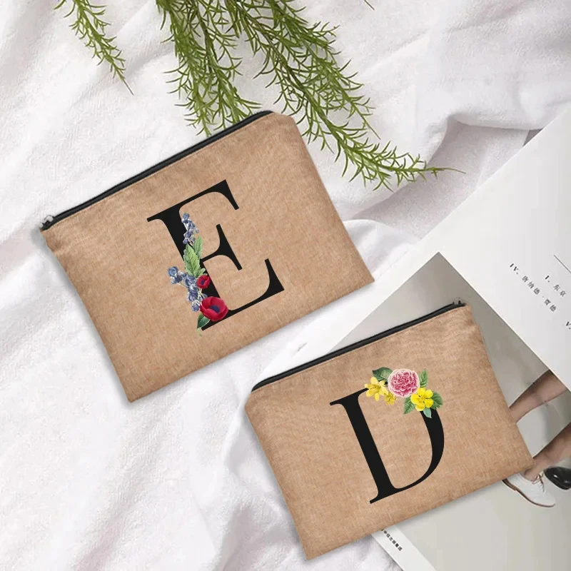 Floral Letter Print Women Linen Zipper Pouch Travel Organizer Case Mujer Bolsas Cosmetic Bag Makeup Bag Bridesmaid Makeup Bags