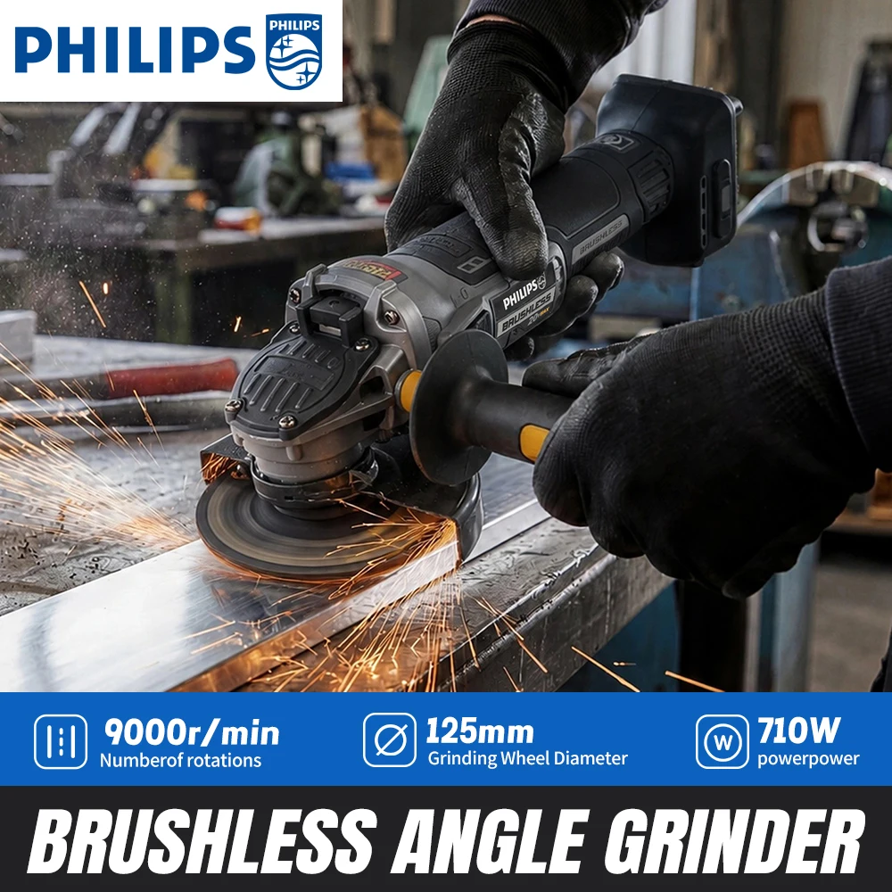 Philips DCG406 18V Brushless Cordless Angle Grinder - 125mm Flat Head Cutting Tool, Bare Machine for Metal & Concrete Grinding