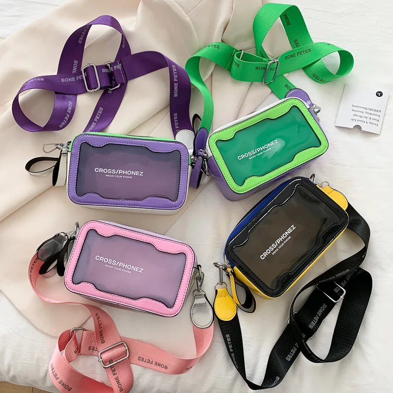 Summer Clear PVC Samll Square Transparent Crossbody Bag Contrasting Colors Women Wide Shoulder Strap Messenger Beach Jelly Bag