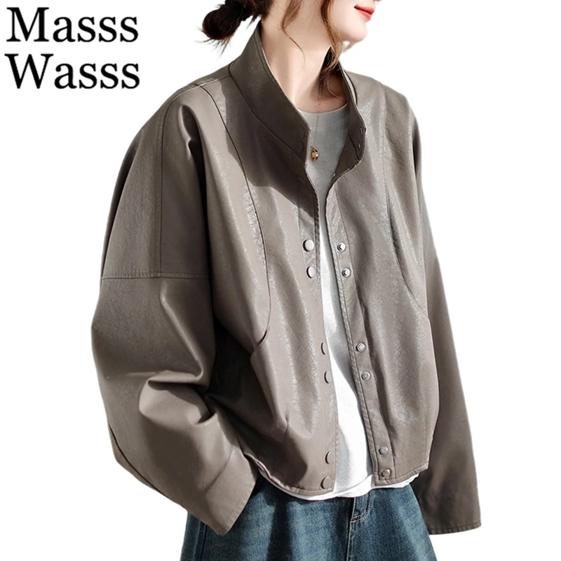 

Masss Wasss 2026 Korean Spring Fashion Womens Loose Biker Faux Leather Jackets Ladies Casual Vintage PU Coats Classic Outerwear