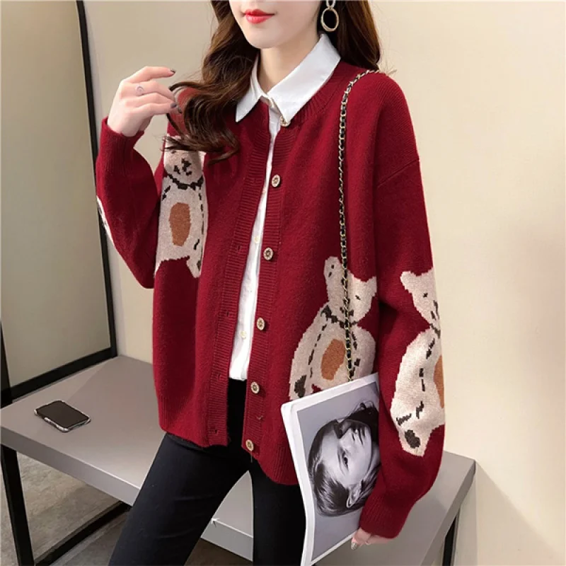 

Europe station 2022 fashion color contrast Cute Cartoon Bear Sweater women's trend single breasted loose thin cardigan