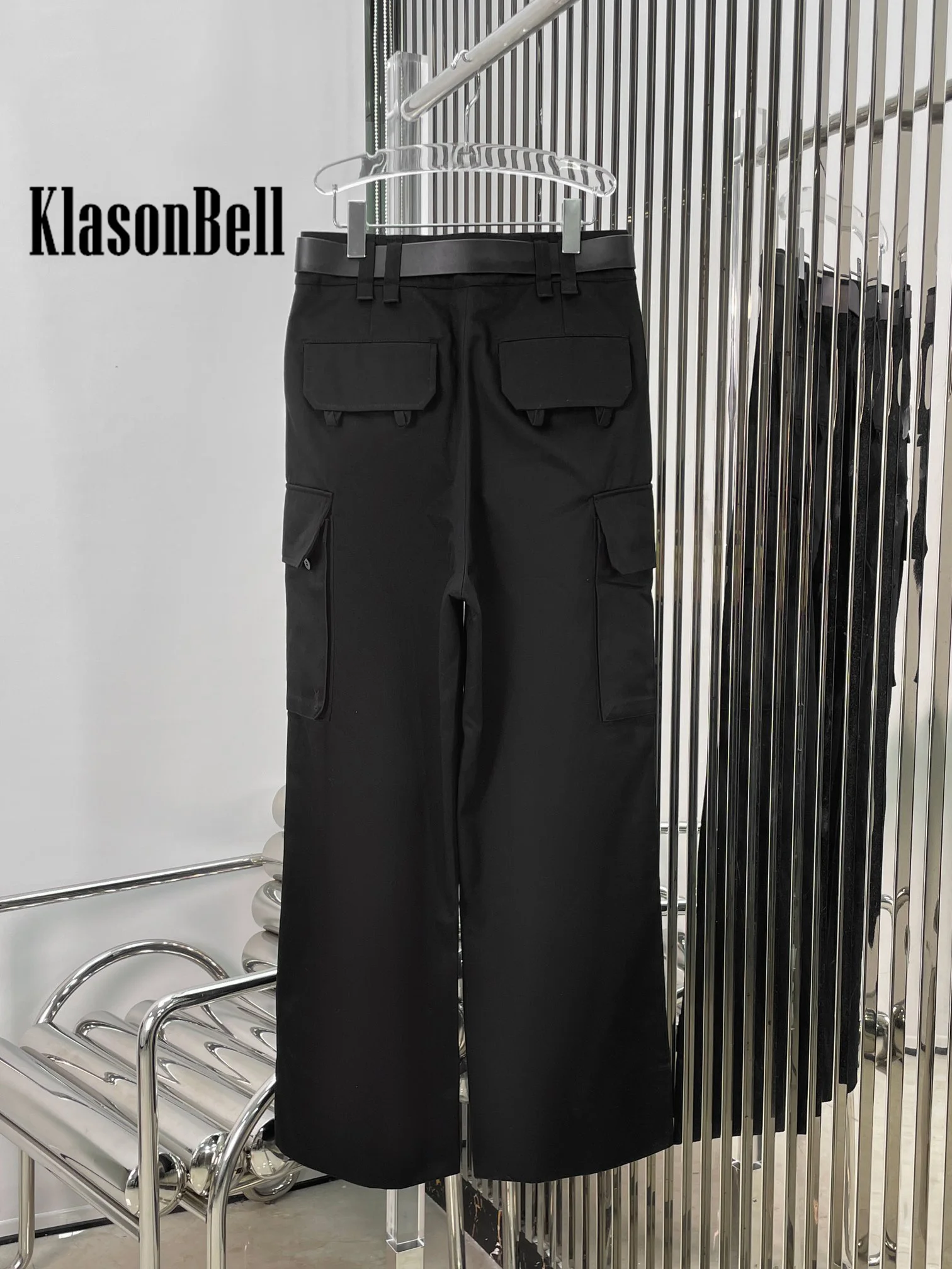 7.5 KlasonBell Women Black Cargo Trousers Women Fashion All-matches With Genuine Leather Belt Pocket Design Straight Pants