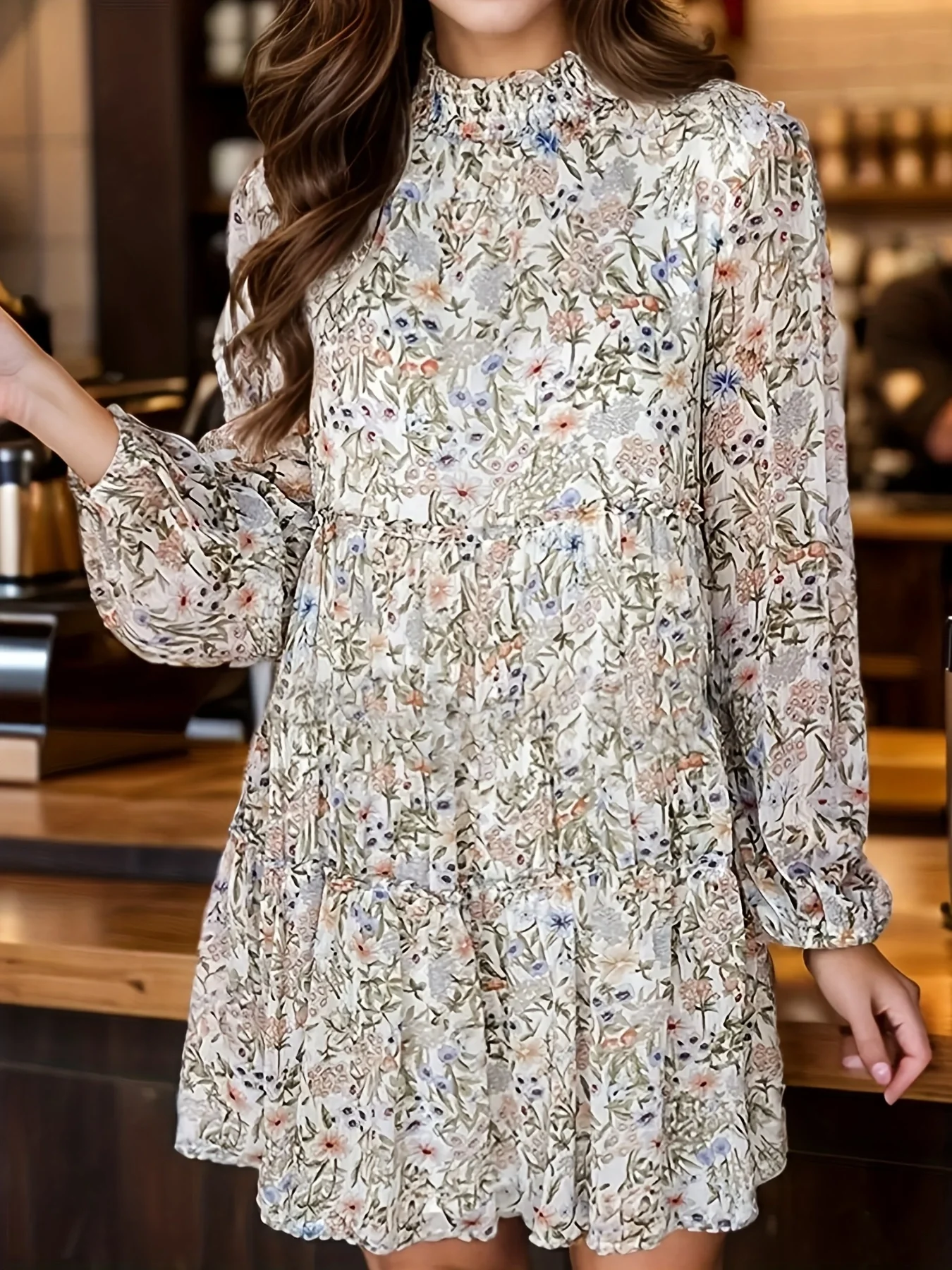 

Женское весенне-осеннее платье больших размеров с цветочным принтом, воротник-стойка, пышные рукава, короткая длина, облегающее милое платье в сказочном стиле