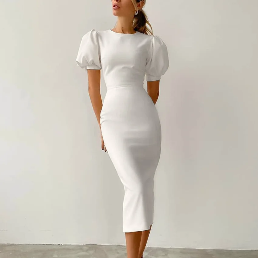 

Elegant French Round Neck Bubble Sleeve Waist Hip Skirt Women's 2026 Spring and Summer New Slim White Short-sleeved Dress