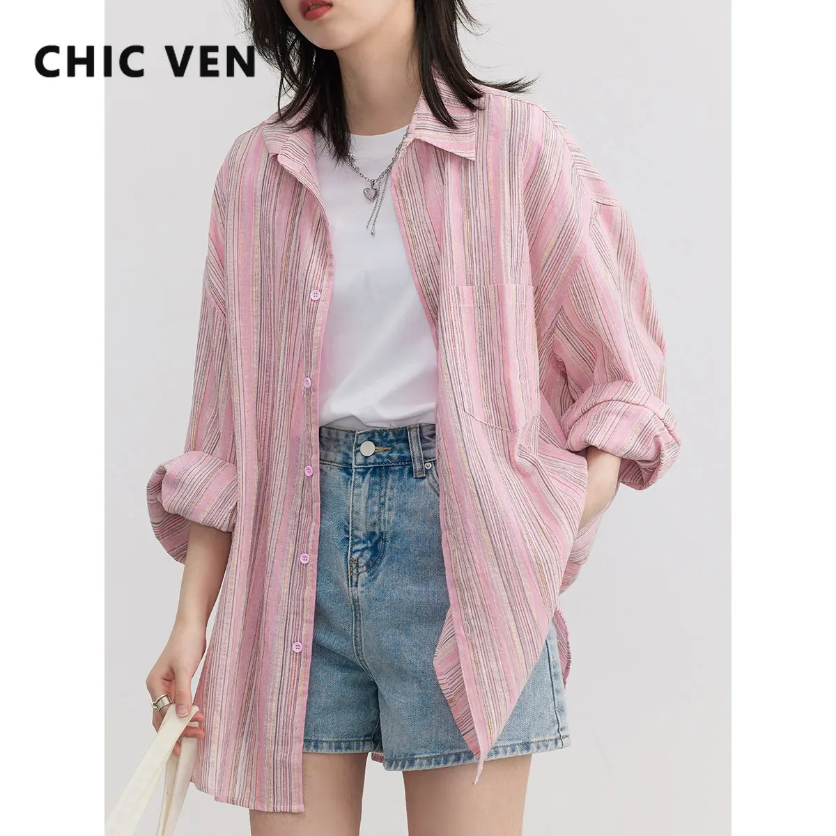 

CHIC VEN Women Shirt Thin Loose Striped Pink Linen Blouses Long Sleeve Female Top Sunscreen Coat Ladies Clothing New 2023 Summer