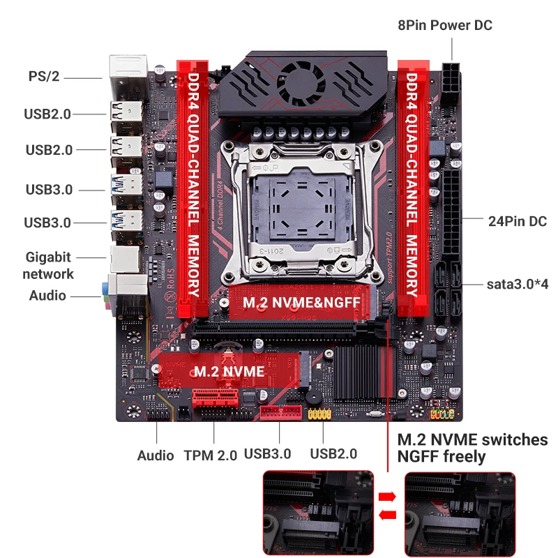 Qiyida X99 motherboard set H9S TPM2.0-MSi14PIN LGA2011 3 XEON E5