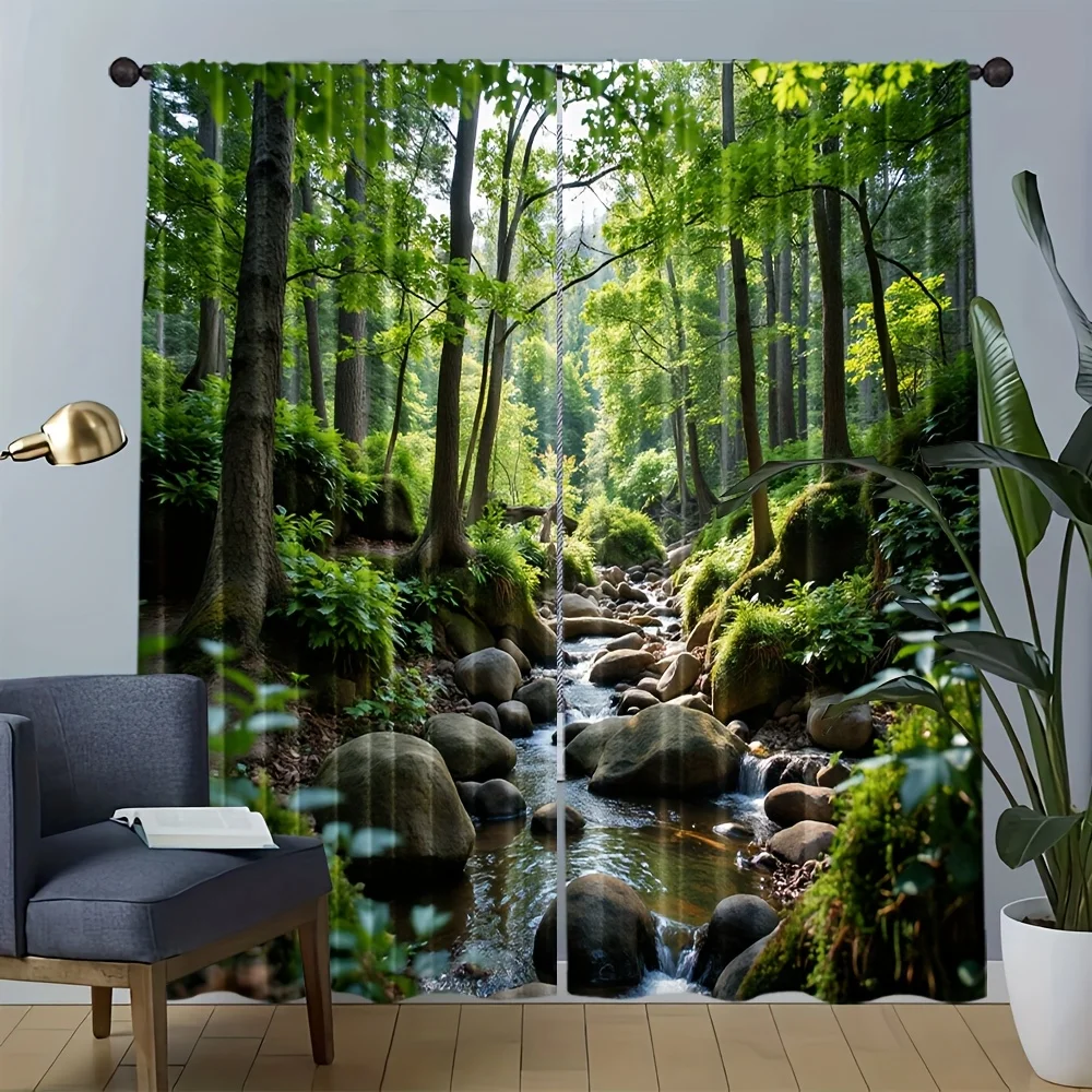 2pcs Forest Stream Curtains Green Trees River Nature Print Drape Living Room Window Treatment Scenic Landscape Home Decor