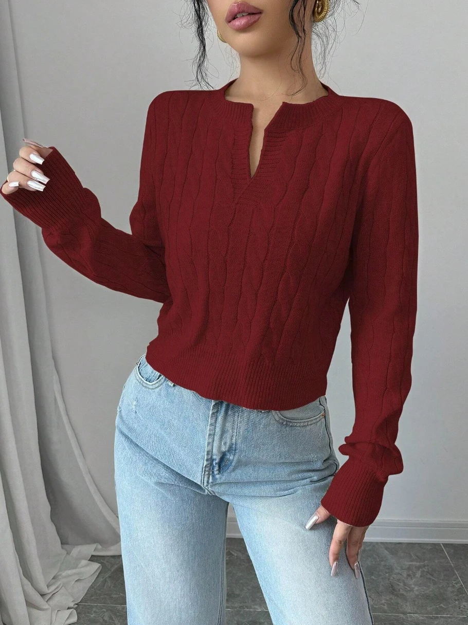 Sweater Women Cable Knit Cropped Notch Split V Neck Long Sleeve Slim Fit Burgundy Knit Top Autumn Casual Daily Wear