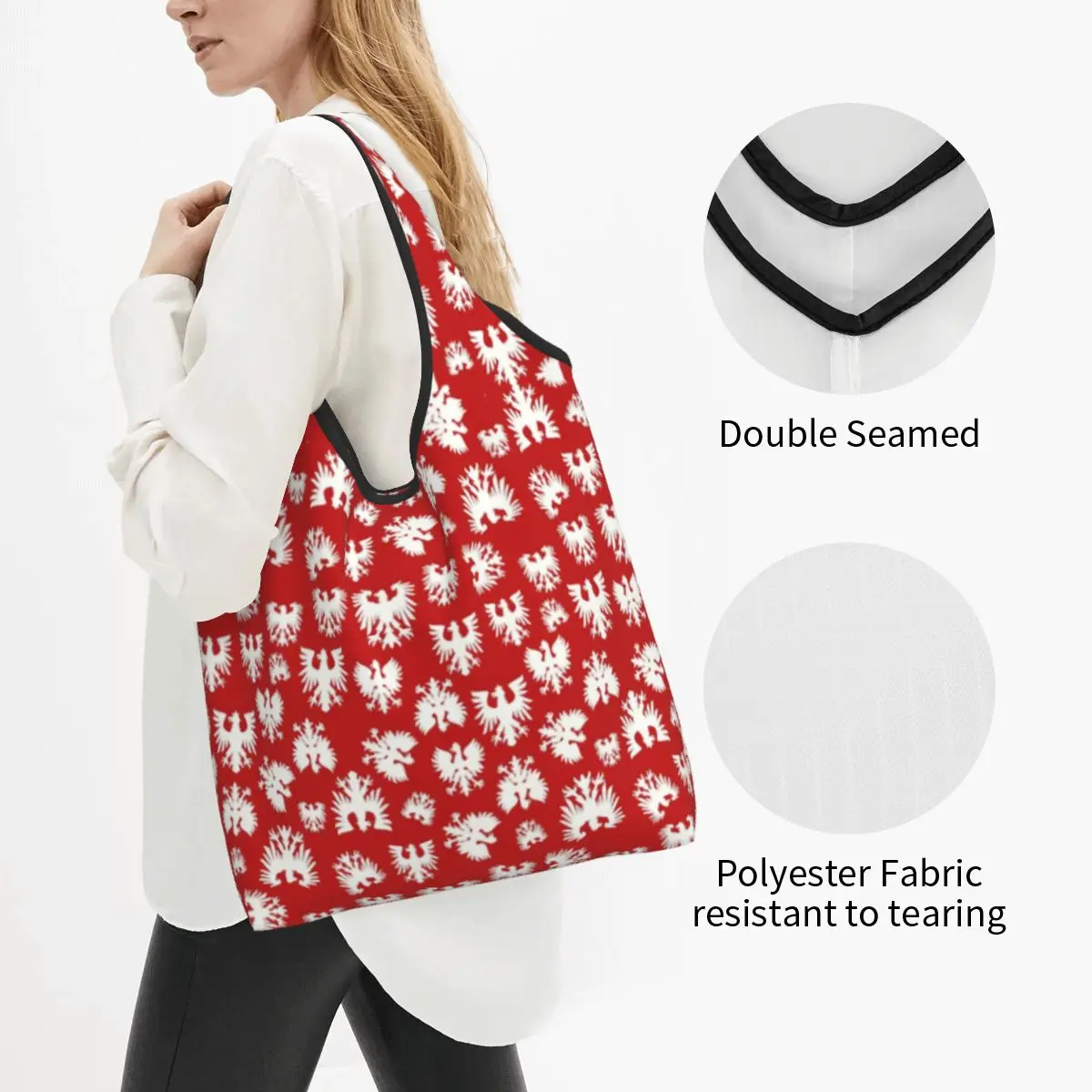 Kawaii Polish Falcon Eagle Pattern Shopping Tote Bag Portable Polska Poland Dyngus Day Grocery Shopper Shoulder Bag