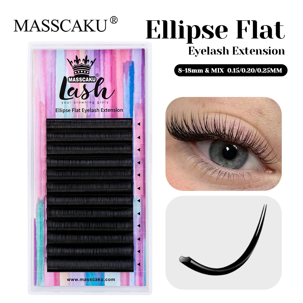 

MASSCAKU New Arrival Individual Fluffy Ellipse Flat Eyelash 0.15/0.20/0.25mm Thickness Matte Black Split Tips Lash Makeup Tools