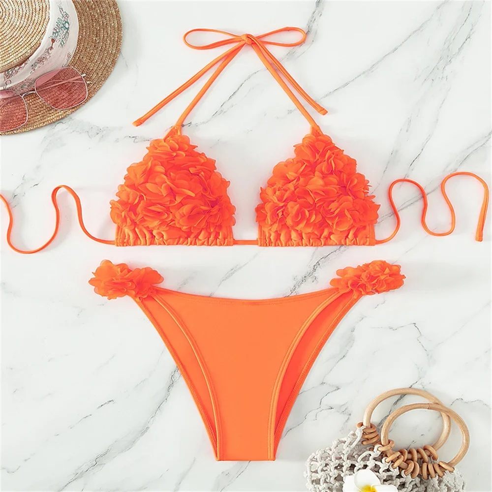 Set top bikini con fiori 3D Halter String Extreme Backless Y2K Costume da bagno push up Abiti da vacanza Costumi da bagno da donna Costume da bagno da spiaggia