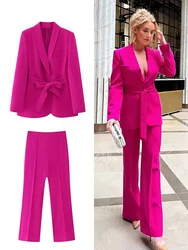 TRAF Women's Casual Blazer Chic Outerwear  Elegant Flared Trousers Long Sleeve V-Neck Belted Office Commuter Suit Set