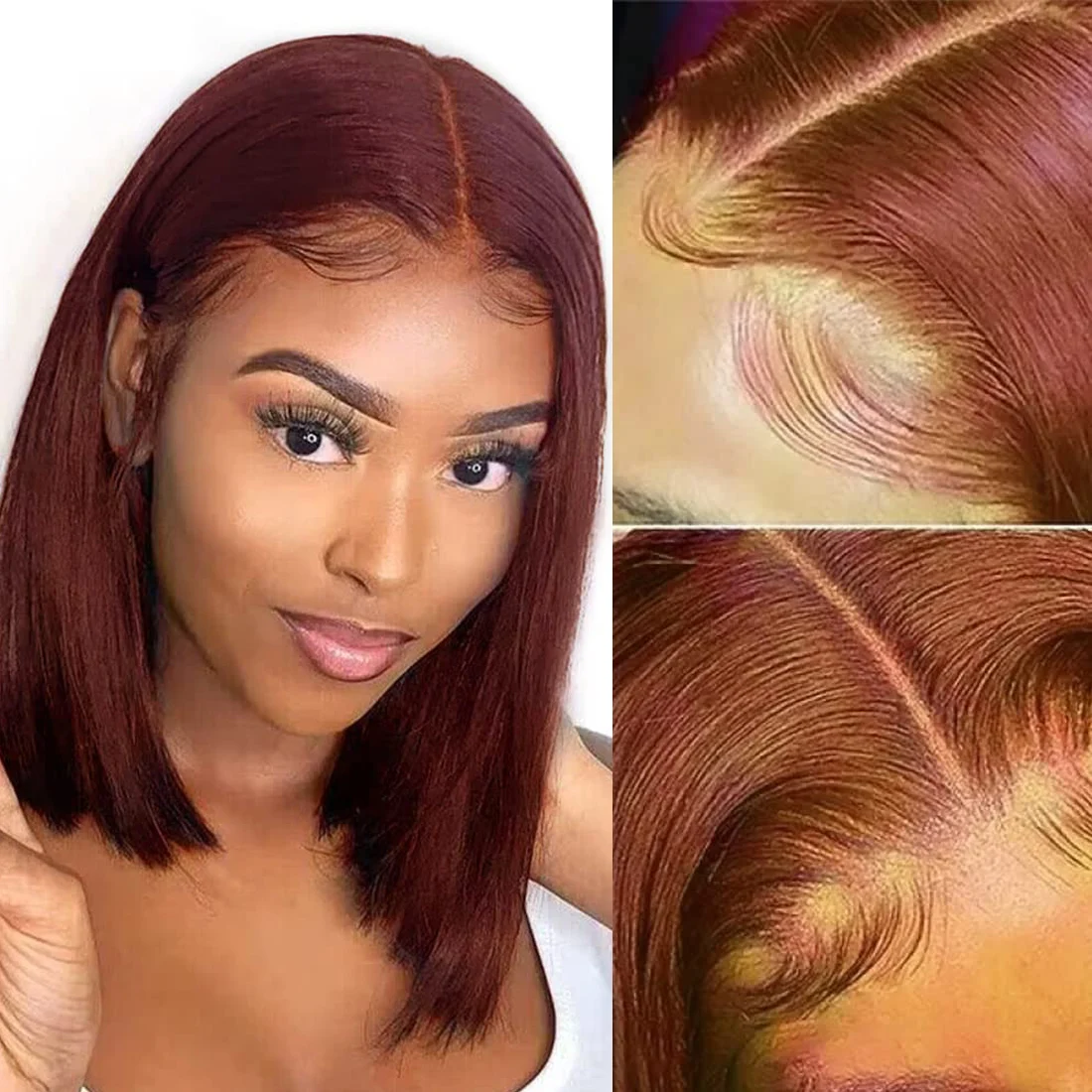 Reddish Brown Bob Wig Human Hair 13x4 Lace Front Wigs Human Hair Pre Plucked Short Bob Wig 180 Density Color #33 Glueless Wig