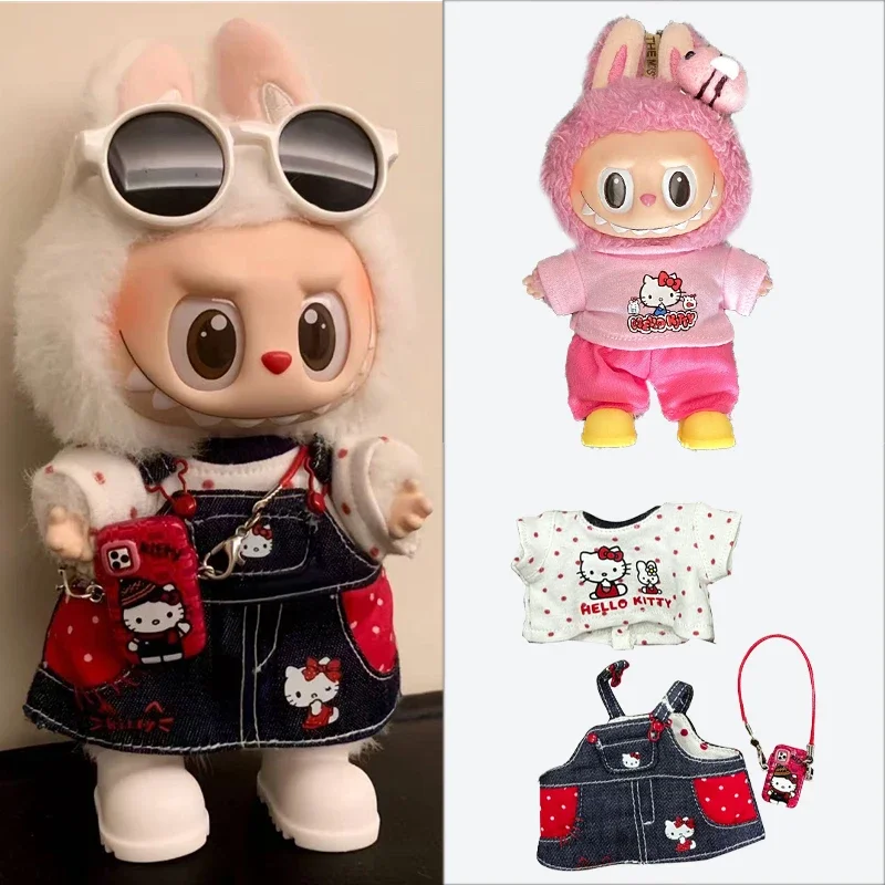 15 17cm For Labubu Doll Polka Dot Strap Dress Skirt Clothing Kawaii Hellokitty Cowboy Strap Pants Straight Leggings Clothes Ropa