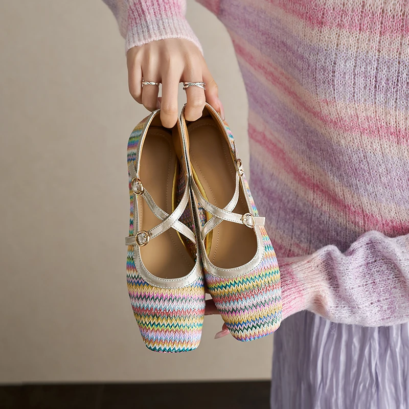 

Cow Leather Woven Hollow Out Women‘s Sandals Summer New Shallow Cut Mary Jane Flats Comfortable Versatile Pumps