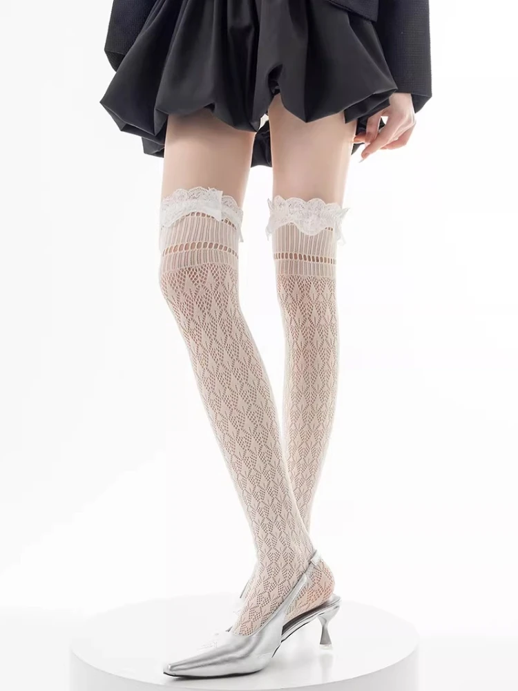 New Women's White Lace Fishnet Stockings Retro Jacquard Sexy Hollowed-out Knee High Stacked Socks Thin Sweet JK Thigh High Socks