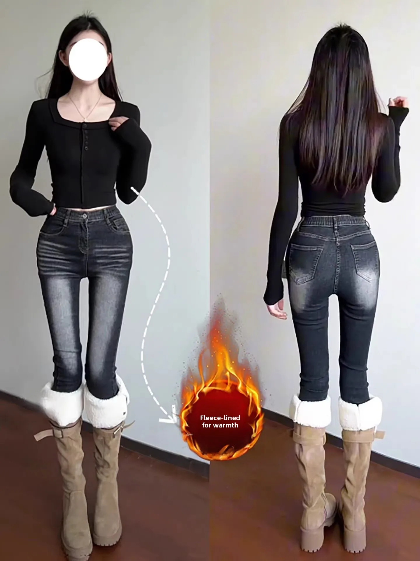 

Женские джинсы с высокой талией, на флисовой подкладке, облегающие, из эластичного хлопкового денима, осенние, теплые, эластичные, утягивающие, удлиняющие ноги