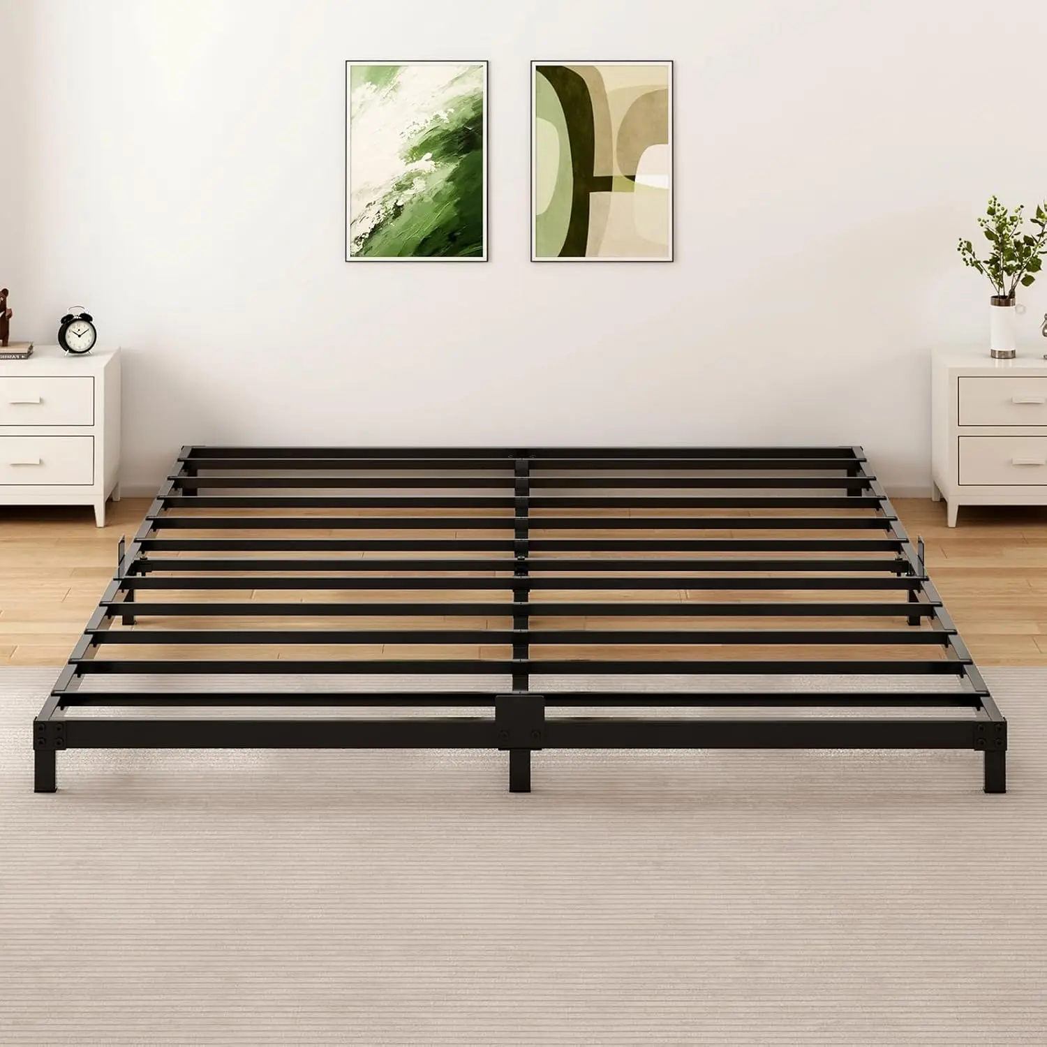 6 Inch Low Profile Queen Size Bed Frame, Noise-Free Heavy Duty Metal Platform with Mattress Stopper, No Box Spring Needed