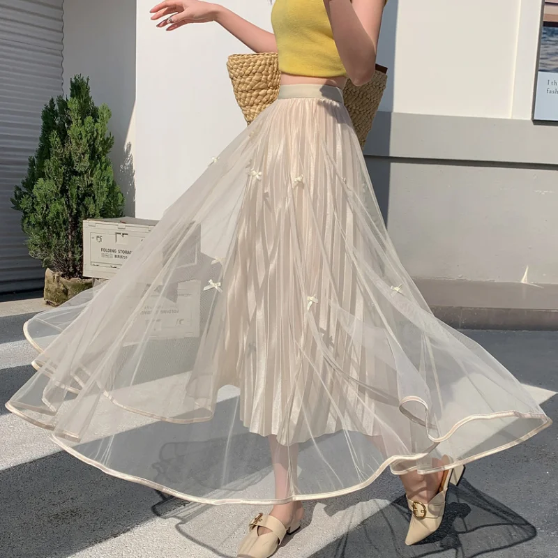 2025 New Style Mesh Skirt with 3D Bow, Pleated Midi Skirt for Women, Fairy Style A-Line Skirt