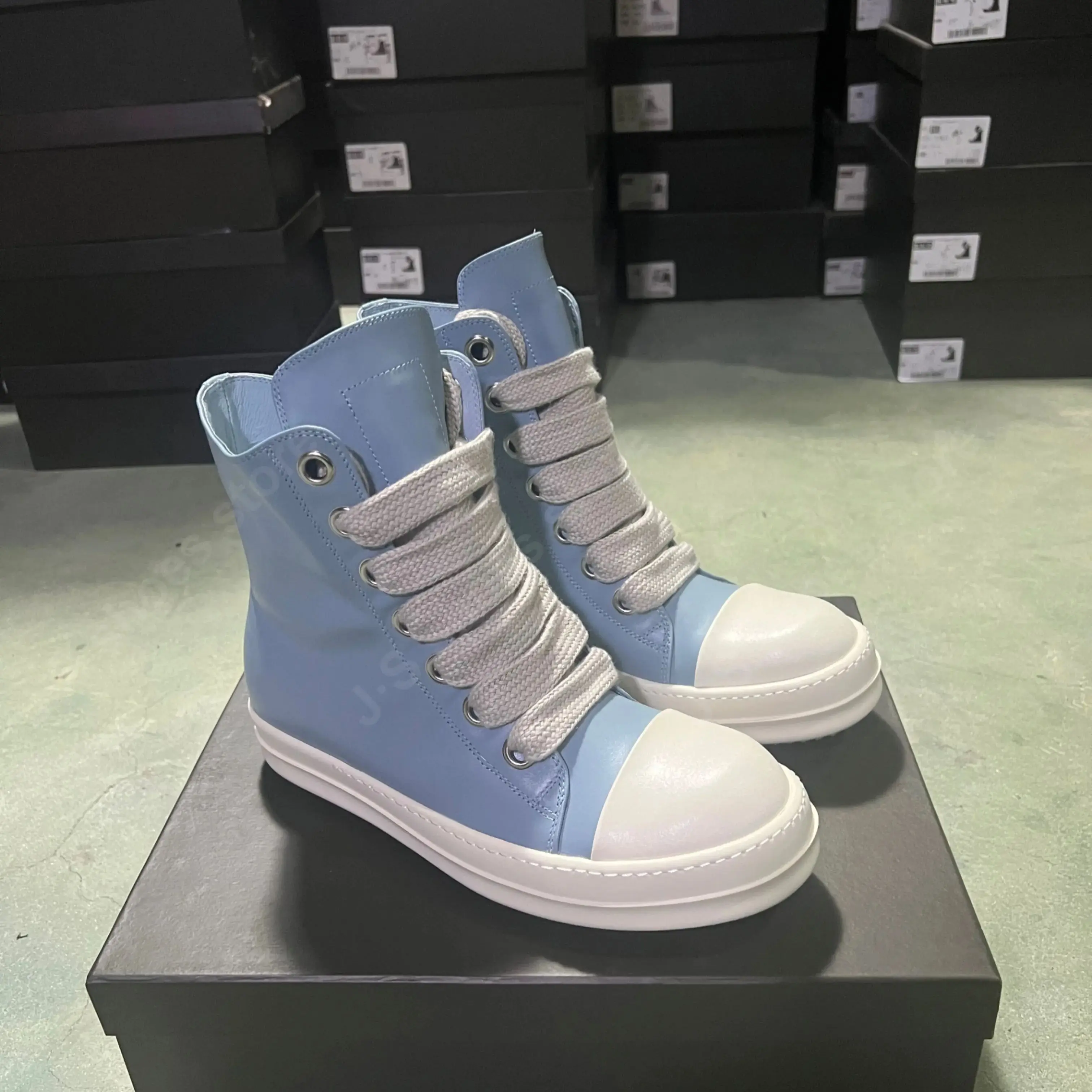 Ricks Men Shoe Wathet Blue Leather High Top Shoe Jumbo Laces Owens Women Sneaker Casual Shoe Ankle Boot Zip Boots Shoes Sneakers