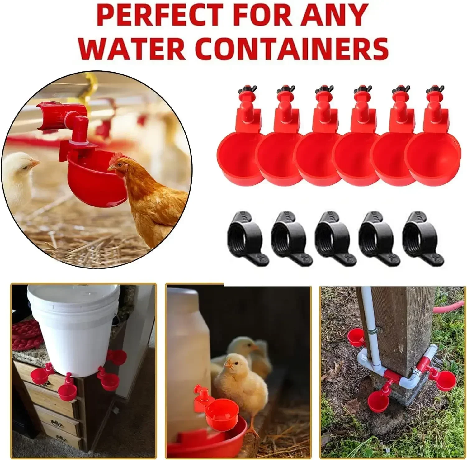 Poultry feeder and waterer with rodent-proof cover, 6 connectors, 6 chicken water cups and hole opener, poultry feeding kit