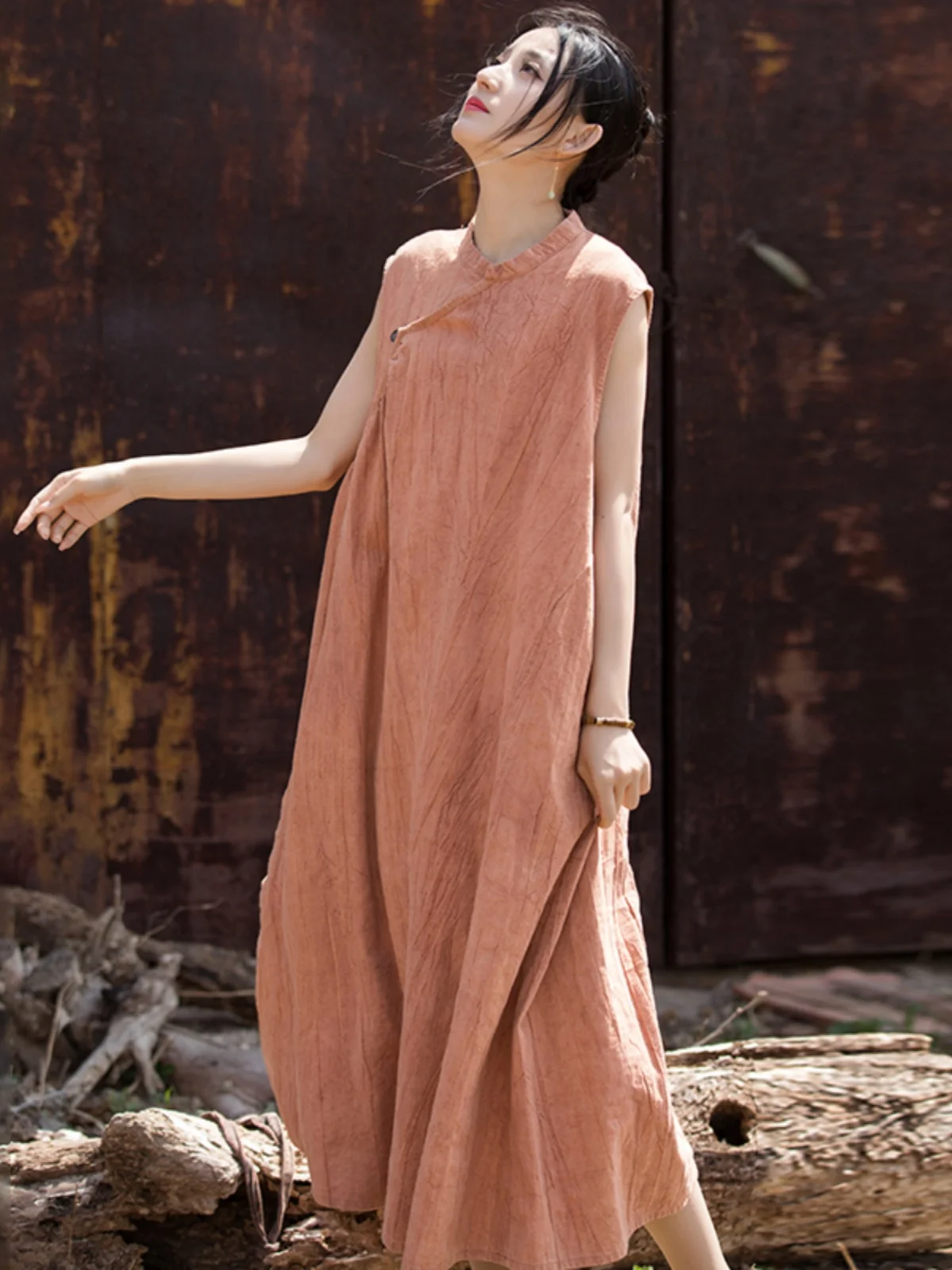 

Summer New Style Women's Dyed Dress Cotton Linen Sleeveless Gown Chinese Style Waist Loosen Long Skirt A-Line Single Piece